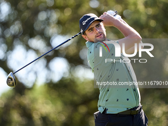 In San Roque, Spain, on October 18, 2024, Casey Jarvis of South Africa tees off on the 9th hole during the Estrella Damm N.A. Andalucia Mast...