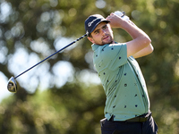 In San Roque, Spain, on October 18, 2024, Casey Jarvis of South Africa tees off on the 9th hole during the Estrella Damm N.A. Andalucia Mast...