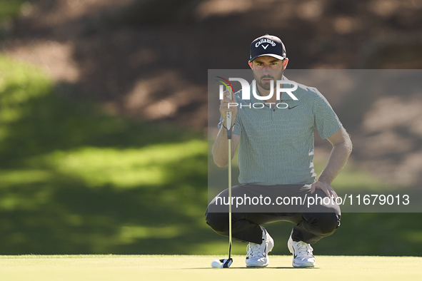 Frederic Lacroix of France reacts on the 5th green during the Estrella Damm N.A. Andalucia Masters 2024 at Real Club de Golf Sotogrande in S...