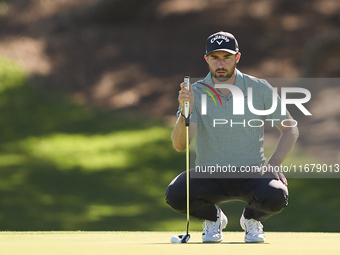 Frederic Lacroix of France reacts on the 5th green during the Estrella Damm N.A. Andalucia Masters 2024 at Real Club de Golf Sotogrande in S...