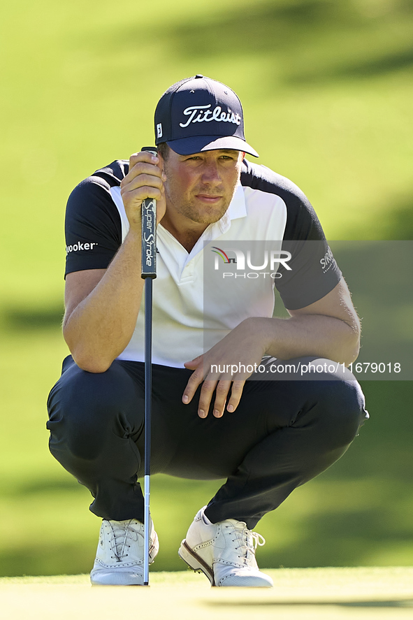 Niklas Norgaard of Denmark reacts on the 5th green during the Estrella Damm N.A. Andalucia Masters 2024 at Real Club de Golf Sotogrande in S...