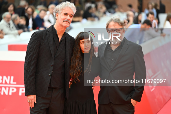 Iacopo Bedogni of Masbedo, Gala Zohar Martinucci, and Nicolo Massazza of Masbedo attend the ''Arsa'' red carpet during the 19th Rome Film Fe...