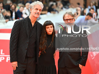 Iacopo Bedogni of Masbedo, Gala Zohar Martinucci, and Nicolo Massazza of Masbedo attend the ''Arsa'' red carpet during the 19th Rome Film Fe...