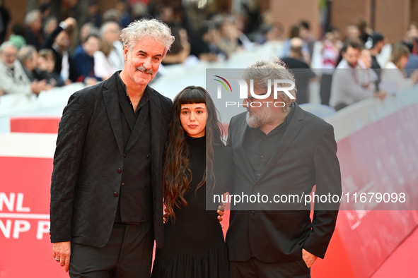 Iacopo Bedogni of Masbedo, Gala Zohar Martinucci, and Nicolo Massazza of Masbedo attend the ''Arsa'' red carpet during the 19th Rome Film Fe...