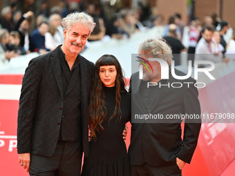 Iacopo Bedogni of Masbedo, Gala Zohar Martinucci, and Nicolo Massazza of Masbedo attend the ''Arsa'' red carpet during the 19th Rome Film Fe...