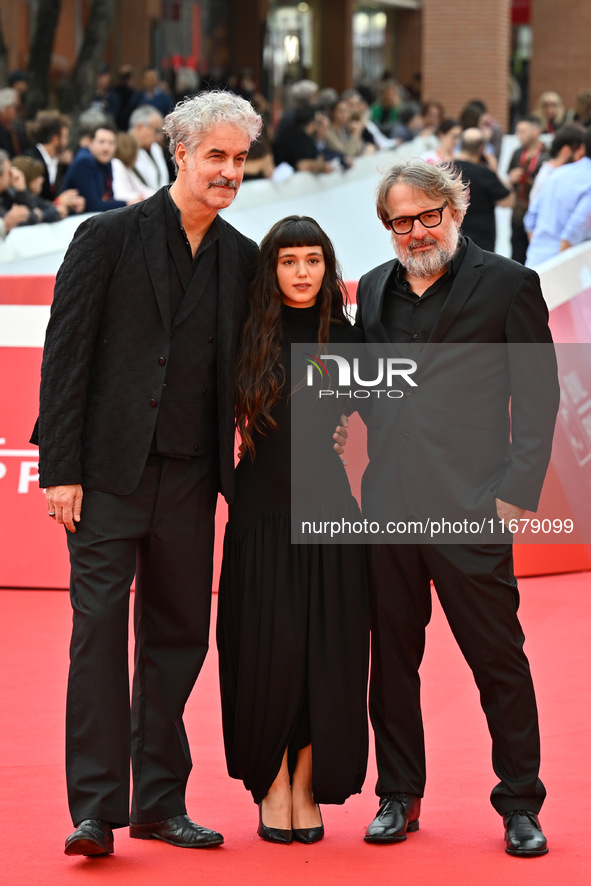 Iacopo Bedogni of Masbedo, Gala Zohar Martinucci, and Nicolo Massazza of Masbedo attend the ''Arsa'' red carpet during the 19th Rome Film Fe...