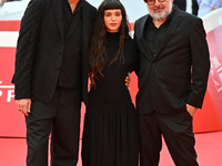 Iacopo Bedogni of Masbedo, Gala Zohar Martinucci, and Nicolo Massazza of Masbedo attend the ''Arsa'' red carpet during the 19th Rome Film Fe...