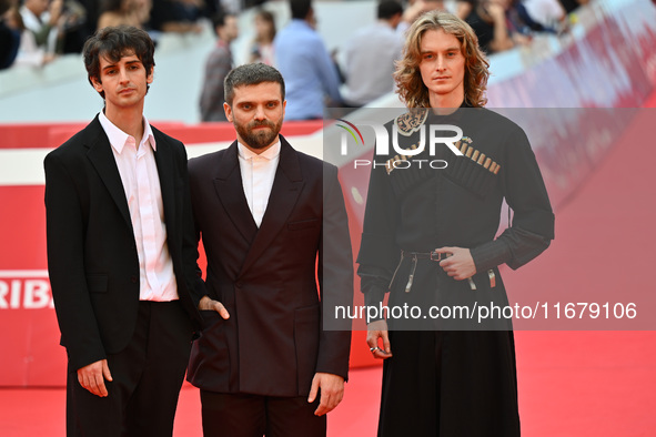 Giovanni Cannata, Jacopo Olmo Antinori, and Luca Chikovani attend the ''Arsa'' red carpet during the 19th Rome Film Festival at Auditorium P...