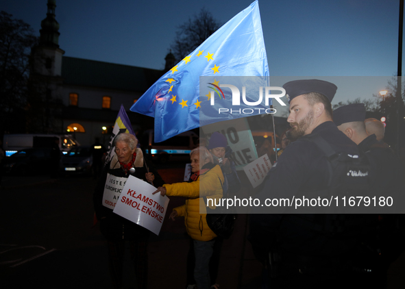 Activists protest against Jaroslaw Kaczynski's monthly visit to Wawel Hill in Krakow, Poland, on October 18, 2024. Every 18th day of the mon...