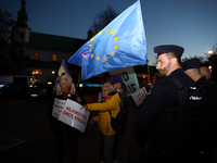 Activists protest against Jaroslaw Kaczynski's monthly visit to Wawel Hill in Krakow, Poland, on October 18, 2024. Every 18th day of the mon...