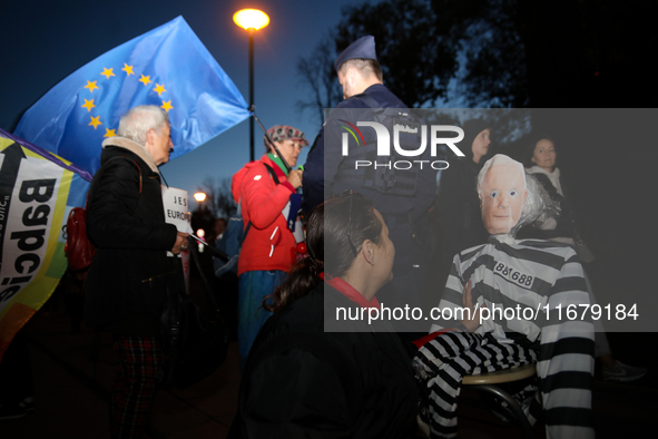 Activists protest against Jaroslaw Kaczynski's monthly visit to Wawel Hill in Krakow, Poland, on October 18, 2024. Every 18th day of the mon...