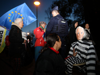 Activists protest against Jaroslaw Kaczynski's monthly visit to Wawel Hill in Krakow, Poland, on October 18, 2024. Every 18th day of the mon...