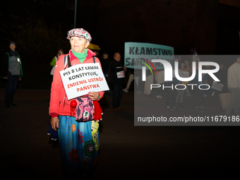 Activists protest against Jaroslaw Kaczynski's monthly visit to Wawel Hill in Krakow, Poland, on October 18, 2024. Every 18th day of the mon...