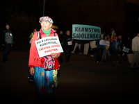 Activists protest against Jaroslaw Kaczynski's monthly visit to Wawel Hill in Krakow, Poland, on October 18, 2024. Every 18th day of the mon...