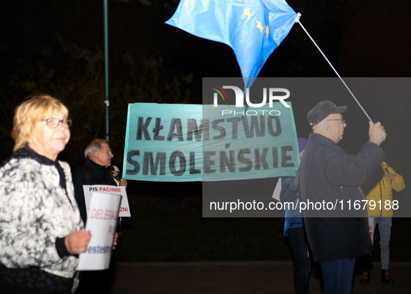 Activists protest against Jaroslaw Kaczynski's monthly visit to Wawel Hill in Krakow, Poland, on October 18, 2024. Every 18th day of the mon...