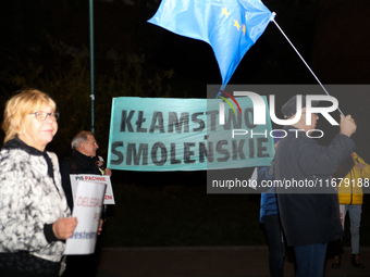 Activists protest against Jaroslaw Kaczynski's monthly visit to Wawel Hill in Krakow, Poland, on October 18, 2024. Every 18th day of the mon...