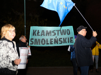 Activists protest against Jaroslaw Kaczynski's monthly visit to Wawel Hill in Krakow, Poland, on October 18, 2024. Every 18th day of the mon...