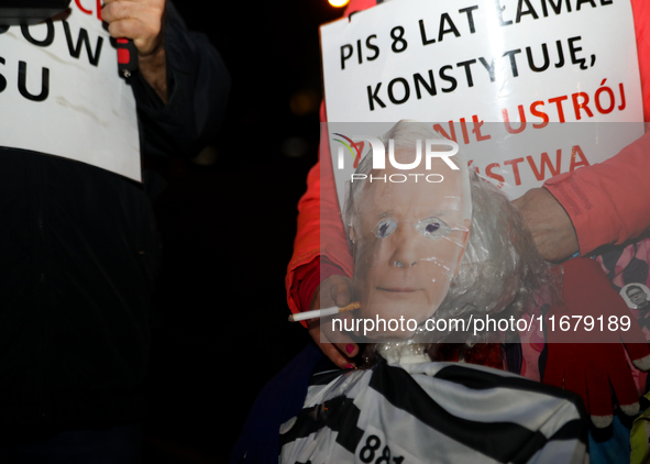 Activists protest against Jaroslaw Kaczynski's monthly visit to Wawel Hill in Krakow, Poland, on October 18, 2024. Every 18th day of the mon...