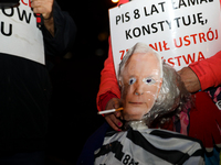 Activists protest against Jaroslaw Kaczynski's monthly visit to Wawel Hill in Krakow, Poland, on October 18, 2024. Every 18th day of the mon...