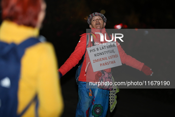 Activists protest against Jaroslaw Kaczynski's monthly visit to Wawel Hill in Krakow, Poland, on October 18, 2024. Every 18th day of the mon...