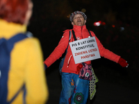 Activists protest against Jaroslaw Kaczynski's monthly visit to Wawel Hill in Krakow, Poland, on October 18, 2024. Every 18th day of the mon...