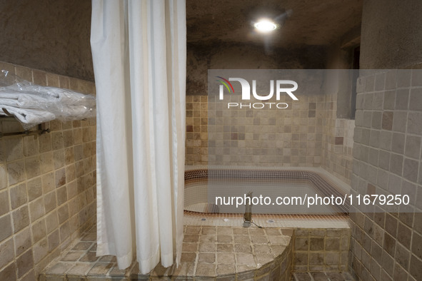 A view of a hot tub in a bathroom in a room of the Kandovan cliff hotel in the village of Kandovan, 650 km northwest of Tehran, Iran, on Oct...