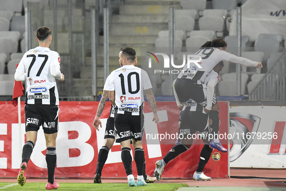 Players of U Cluj celebrate during Universitatea Cluj versus Otelul Galati at Cluj Arena in Cluj, Romania, on October 18, 2024 