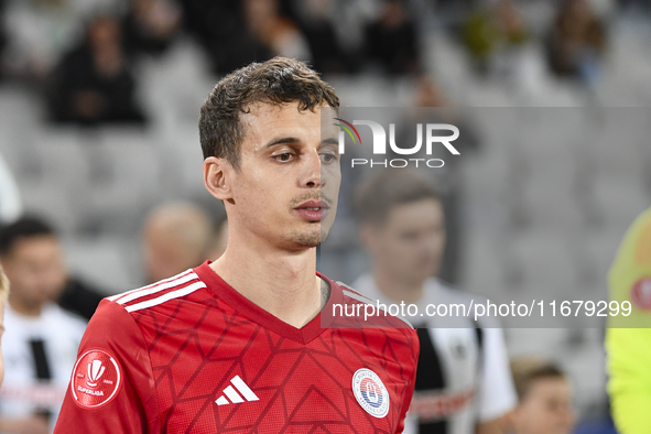 Juri Cisotti participates in the Universitatea Cluj vs. Otelul Galati match at Cluj Arena in Cluj, Romania, on October 18, 2024. 