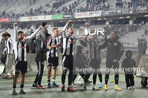 Players of Universitatea Cluj celebrate during the Universitatea Cluj v Otelul Galati match at Cluj Arena in Cluj, Romania, on October 18, 2...