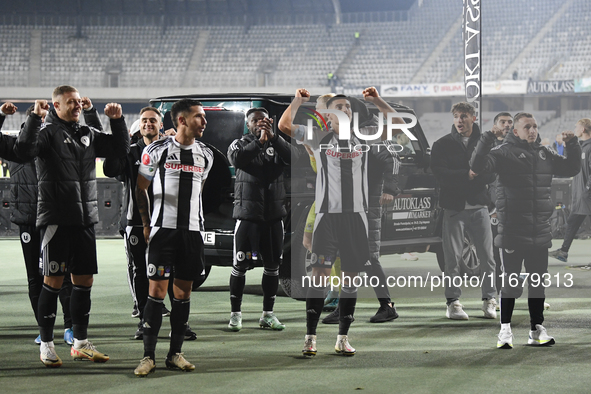 Players of Universitatea Cluj celebrate during the Universitatea Cluj v Otelul Galati match at Cluj Arena in Cluj, Romania, on October 18, 2...