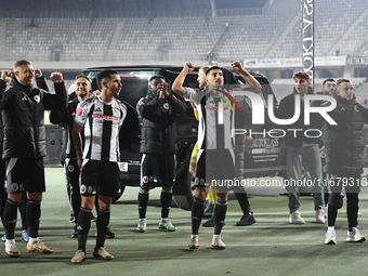 Players of Universitatea Cluj celebrate during the Universitatea Cluj v Otelul Galati match at Cluj Arena in Cluj, Romania, on October 18, 2...