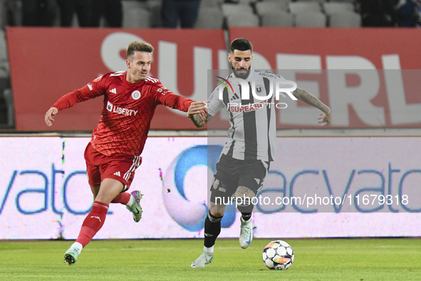 Alexandru Pop and Radu Boboc play during the Universitatea Cluj vs. Otelul Galati match at Cluj Arena in Cluj, Romania, on October 18, 2024....