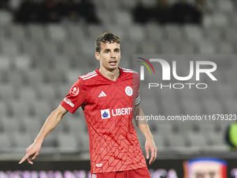 Juri Cisotti participates in the Universitatea Cluj vs. Otelul Galati match at Cluj Arena in Cluj, Romania, on October 18, 2024. (