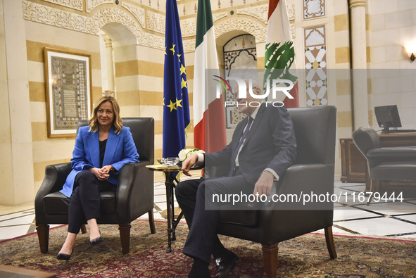 Lebanese Prime Minister Najib Mikati welcomes his Italian counterpart Giorgia Meloni ahead of their meeting at the Beirut governmental palac...