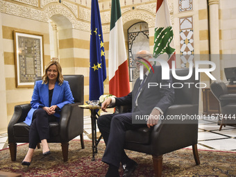 Lebanese Prime Minister Najib Mikati welcomes his Italian counterpart Giorgia Meloni ahead of their meeting at the Beirut governmental palac...