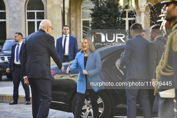 Lebanese Prime Minister Najib Mikati welcomes his Italian counterpart Giorgia Meloni ahead of their meeting at the Beirut governmental palac...