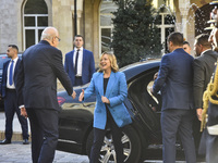 Lebanese Prime Minister Najib Mikati welcomes his Italian counterpart Giorgia Meloni ahead of their meeting at the Beirut governmental palac...