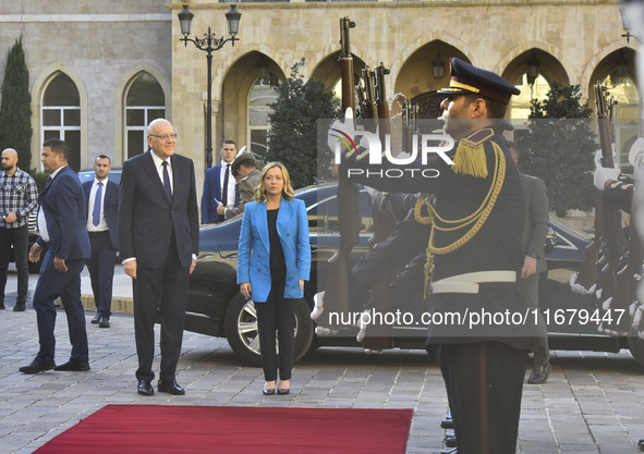 Lebanese Prime Minister Najib Mikati welcomes his Italian counterpart Giorgia Meloni ahead of their meeting at the Beirut governmental palac...