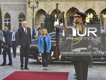 Lebanese Prime Minister Najib Mikati welcomes his Italian counterpart Giorgia Meloni ahead of their meeting at the Beirut governmental palac...