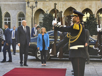 Lebanese Prime Minister Najib Mikati welcomes his Italian counterpart Giorgia Meloni ahead of their meeting at the Beirut governmental palac...