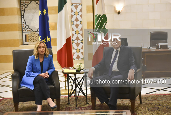 Lebanese Prime Minister Najib Mikati welcomes his Italian counterpart Giorgia Meloni ahead of their meeting at the Beirut governmental palac...