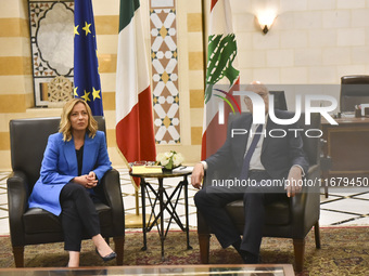 Lebanese Prime Minister Najib Mikati welcomes his Italian counterpart Giorgia Meloni ahead of their meeting at the Beirut governmental palac...