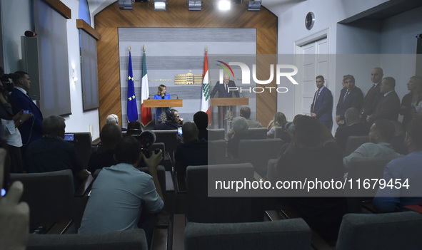 Lebanese Prime Minister Najib Mikati welcomes his Italian counterpart Giorgia Meloni ahead of their meeting at the Beirut governmental palac...