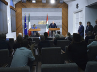 Lebanese Prime Minister Najib Mikati welcomes his Italian counterpart Giorgia Meloni ahead of their meeting at the Beirut governmental palac...