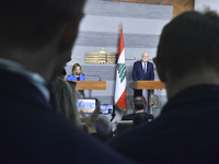 Lebanese Prime Minister Najib Mikati welcomes his Italian counterpart Giorgia Meloni ahead of their meeting at the Beirut governmental palac...