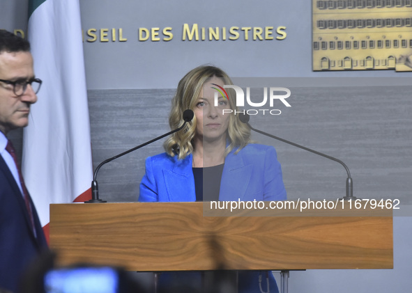 Lebanese Prime Minister Najib Mikati welcomes his Italian counterpart Giorgia Meloni ahead of their meeting at the Beirut governmental palac...