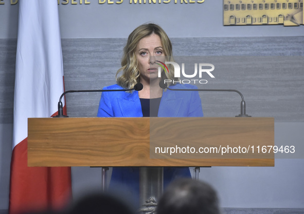 Lebanese Prime Minister Najib Mikati welcomes his Italian counterpart Giorgia Meloni ahead of their meeting at the Beirut governmental palac...