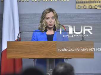 Lebanese Prime Minister Najib Mikati welcomes his Italian counterpart Giorgia Meloni ahead of their meeting at the Beirut governmental palac...