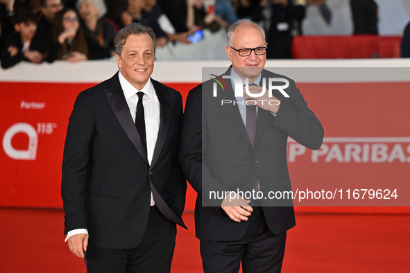 Gabriele Muccino and Roberto Gualtieri attend the ''FINO ALLA FINE'' red carpet during the 19th Rome Film Festival at Auditorium Parco Della...