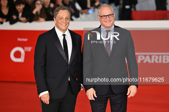 Gabriele Muccino and Roberto Gualtieri attend the ''FINO ALLA FINE'' red carpet during the 19th Rome Film Festival at Auditorium Parco Della...